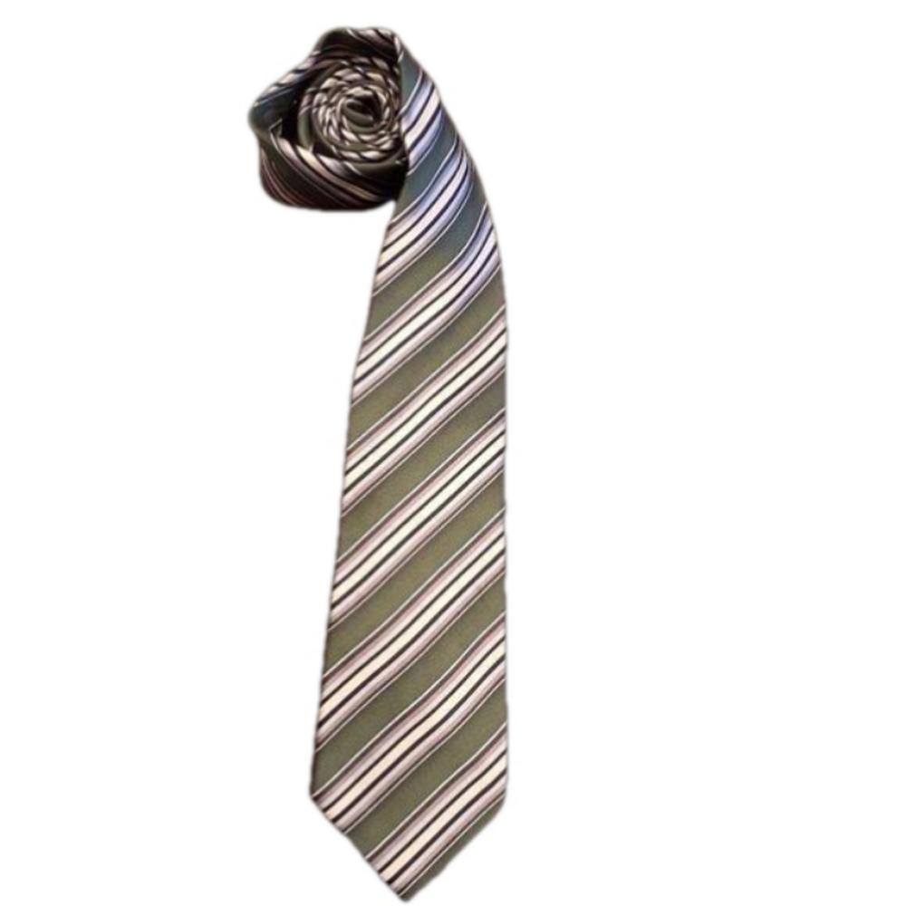 George Men's 100% Silk Green Navy Blue Striped Stain Resistant Necktie